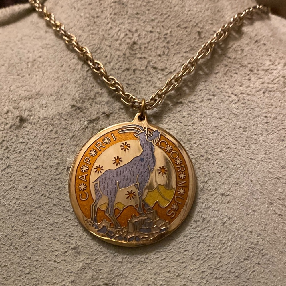 Vtg 70’s Cloisart Cloisonné Astrology Pendant Necklace Capricorn Sign